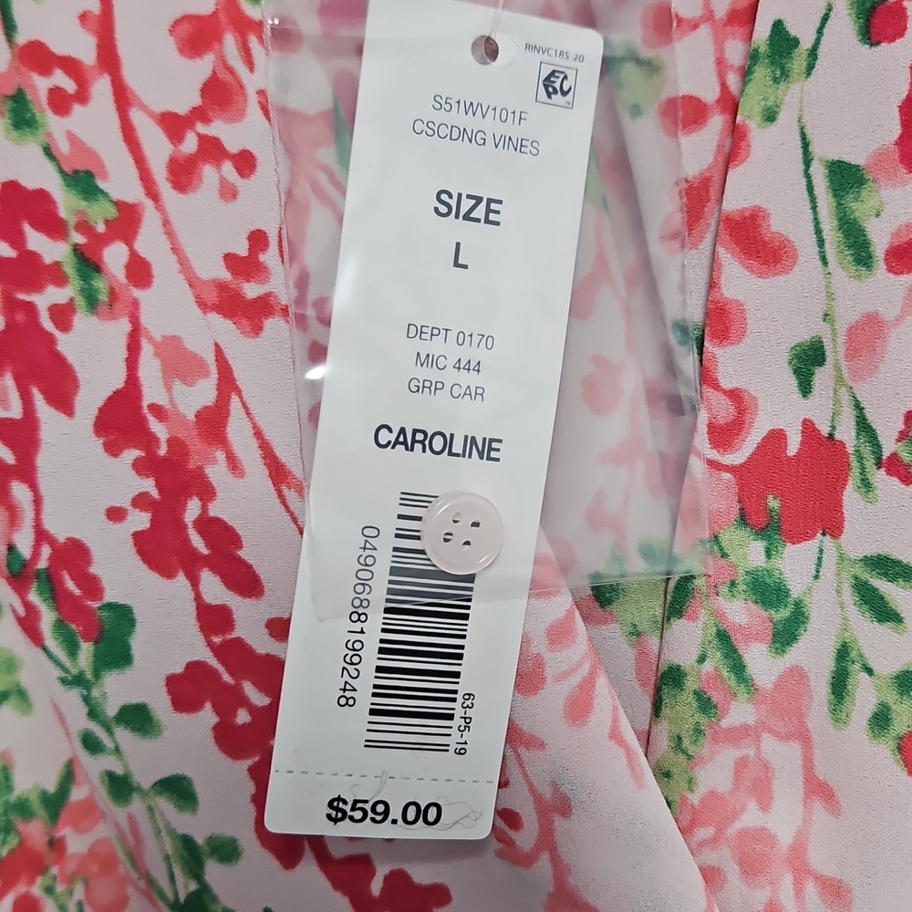 Investments 3/4 Sleeve Button Front V-neck Top: Pink W/Floral:Size- Large - Picture 8 of 14